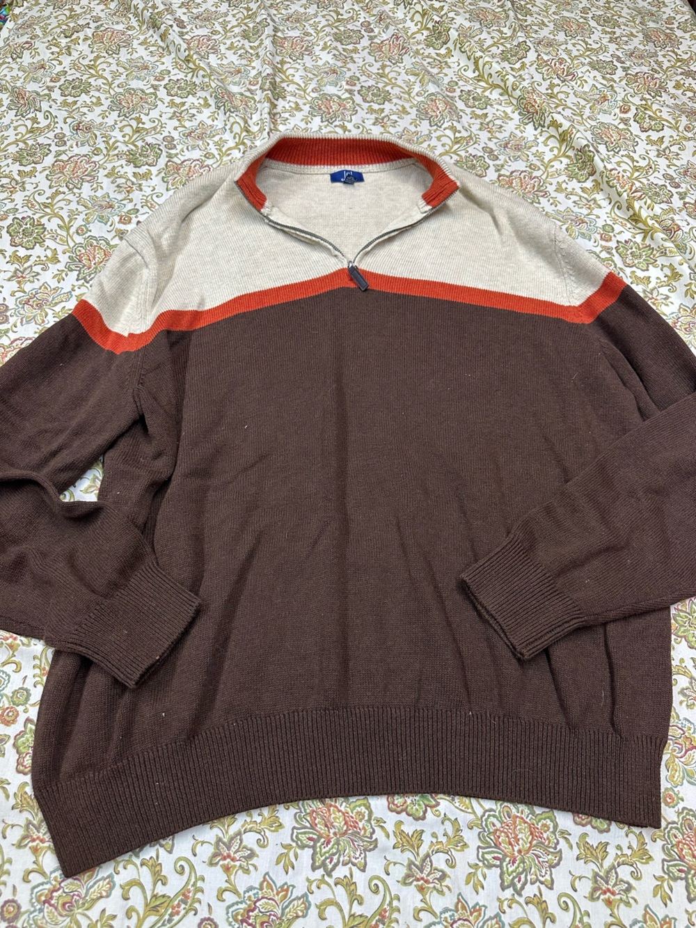 George Brown Crewneck Sweater with Beige Shoulders and Rust Stripe